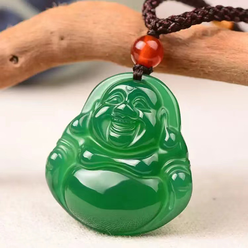 Natural White Green Jade Buddha Pendant Necklaces Lucky Maitreya Buddha Jewelry