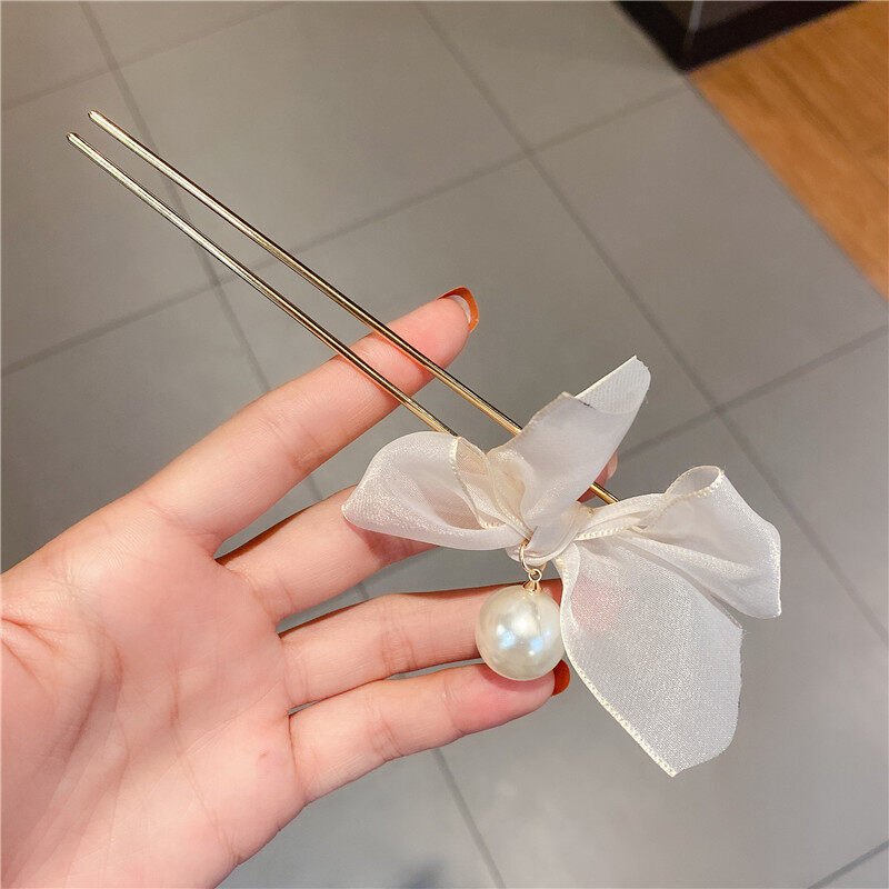 korean style women hairpin bowknot pearl hair claw clip solid color metal ponytail clip jewelry