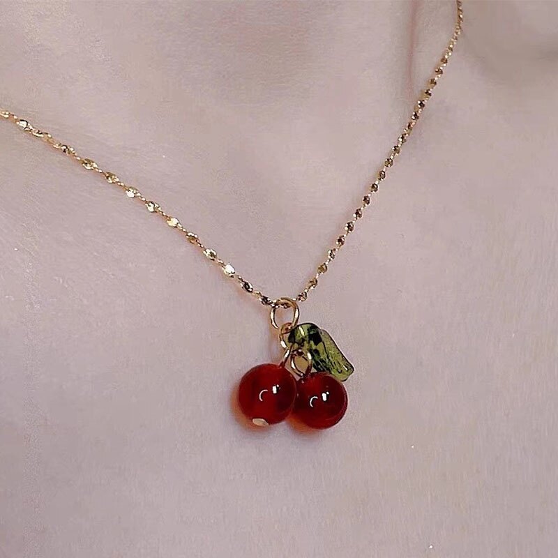 Sweet Simple Natural Hetian Jade Cherry Pendant Necklace For Women