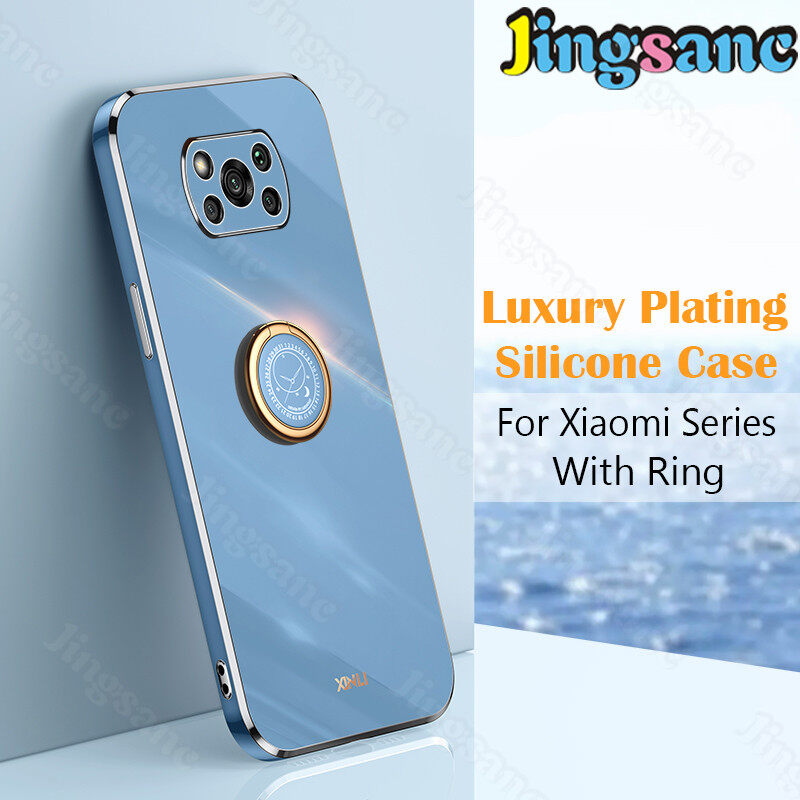 Jingsanc For Xiaomi POCO X3 NFC/POCO X3 Pro Phone Case Luxury Plating With Ring Holder Casing Simple Stand Silicone Electroplating Straight Square Edge Case All-inclusive lens Back Cover
