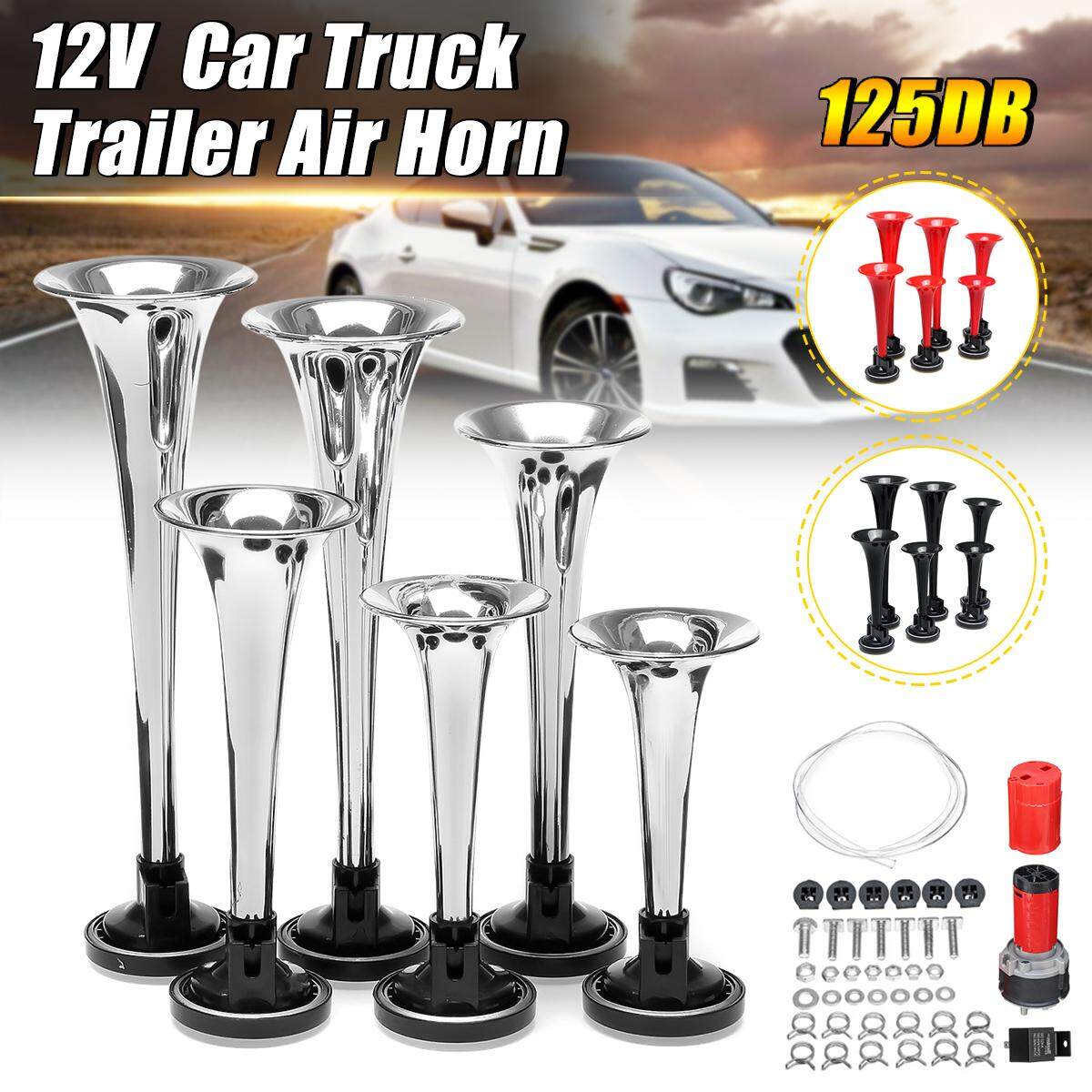 【Free Pengiriman + Flash Deal】125db 6 Terompet Trailer Mobil Truk Bel Udara Kit Keras Musik Suara 12 V Perak