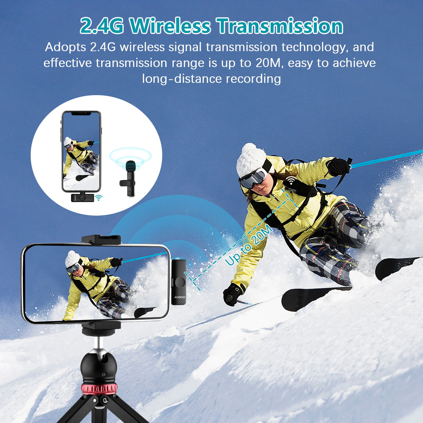 nishore- Andoer One-Trigger-One Mini 2.4G Wireless Microphone System(1 Trans-mitter + 1 Receiver) Clip-on Mic 20M Transmission Range Built-in Batte-ry Plug-and-Play for Type-C Smartphones Tablets Vlog Live Streaming Interview