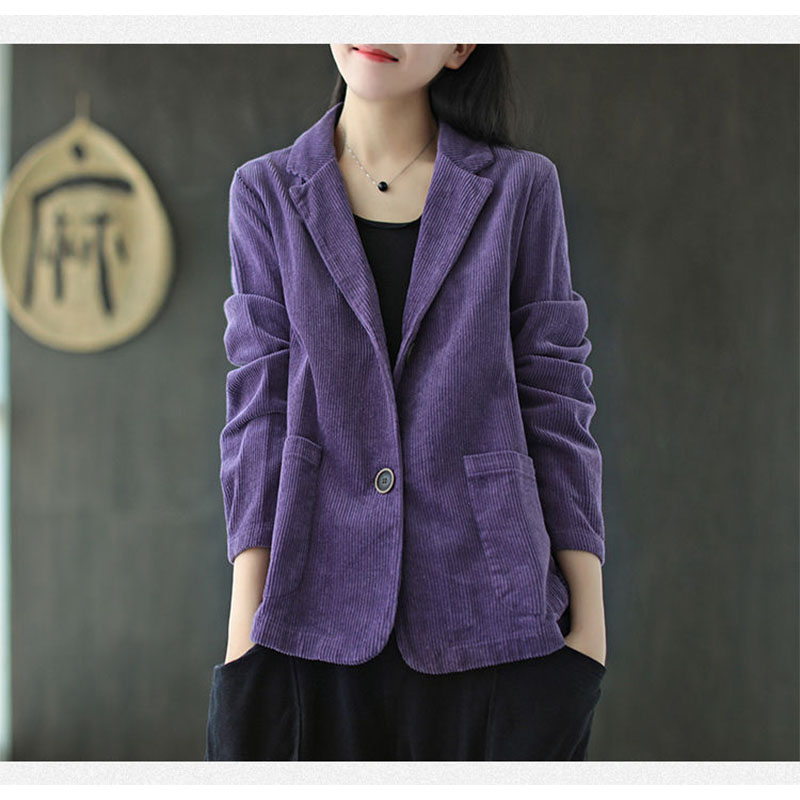 【SW】Corduroy Phù Hợp Với Cổ Áo Áo Khoác Cổ Điển Có Túi Dài Tay Màu Trơn
