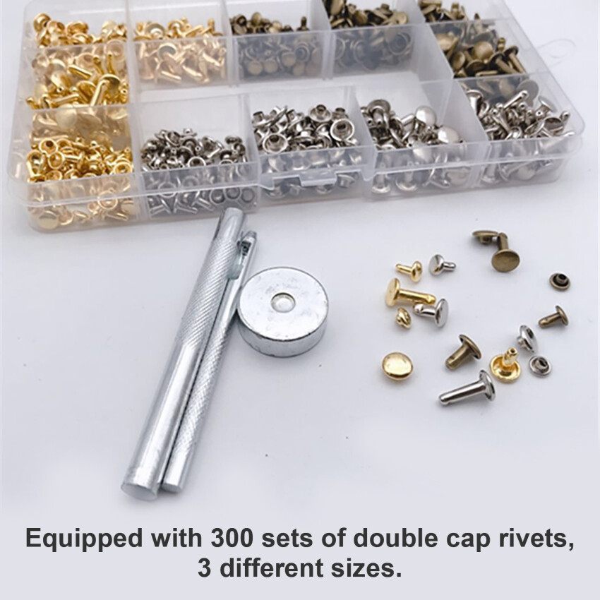 300pcs Boxed Metal Double-Hat Rivets Double-Sided Rivets Leather Clothing Crafts Fixing Tool