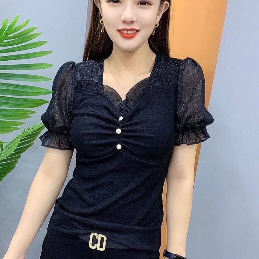 2022 Summer New V-neck Chiffon Fashion Bottoming Shirt Women's Slim Five-point Sleeve T-shirt Women