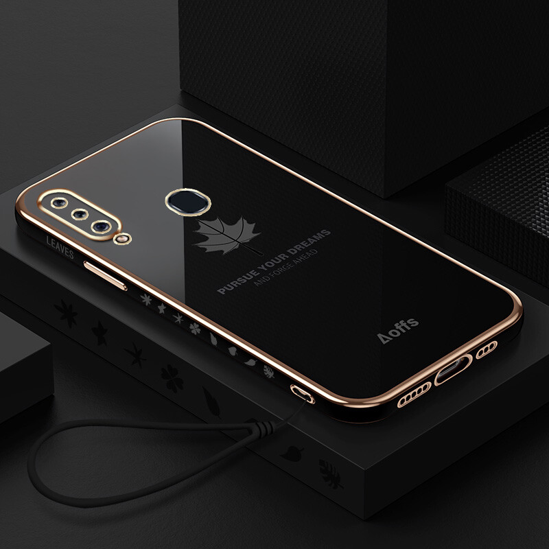 YBD Straight Edge Plating Phone case For Samsung Galaxy A20S A10S casing,Precise Camera Protection case Maple leaf pattern cover with Free lanyard