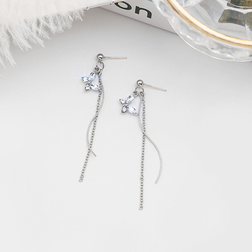 925 Bạc Kim Siêu Flash Khí Chất Kim Cương Pha Lê Bướm Bông Tai Lưới Màu Đỏ Dài Hình Chữ S Chuỗi Bông Tai Stud