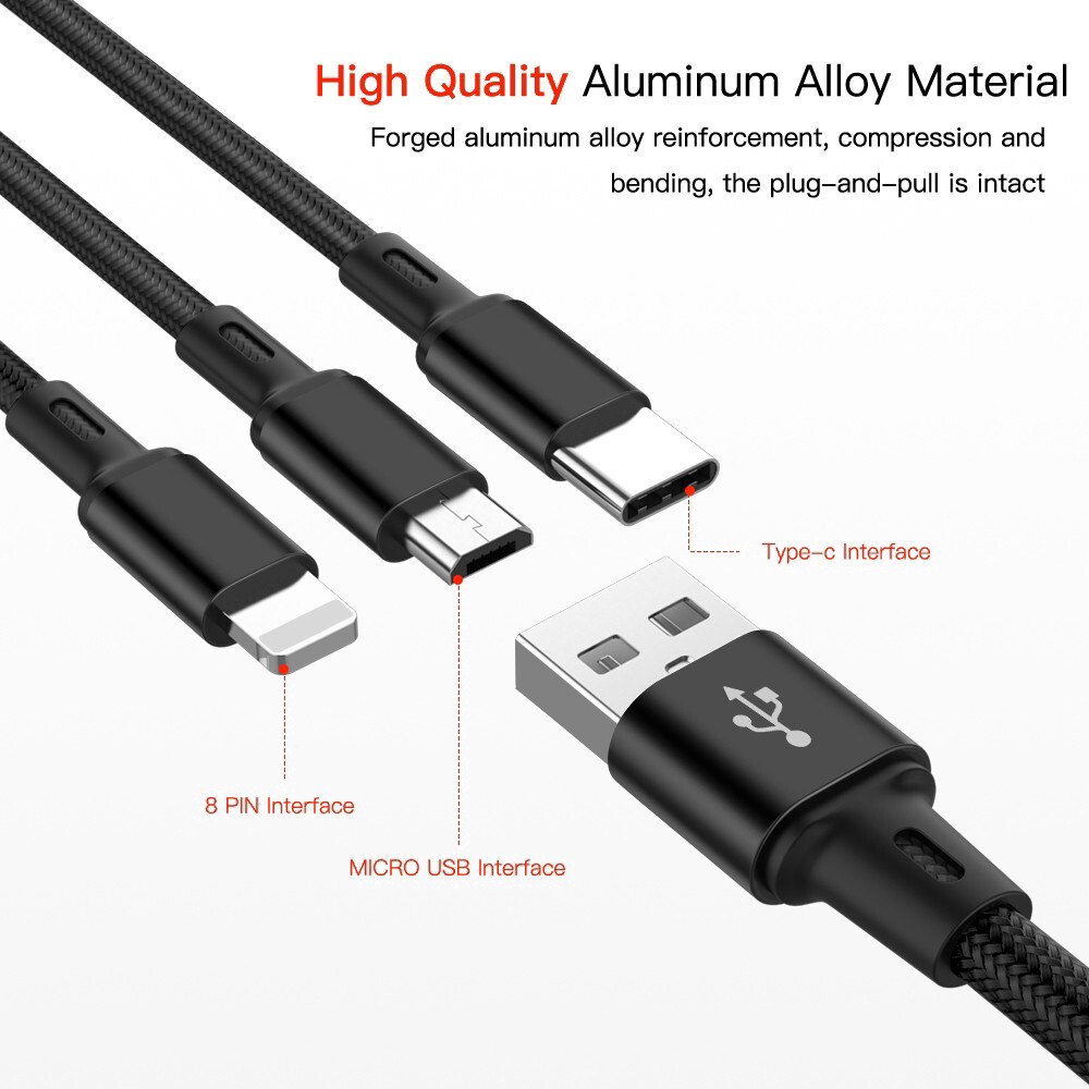 BOKEWU 3 In 1 USB Cable 8 Pin Micro USB Type C Fast Charging Cable for Android iPhone