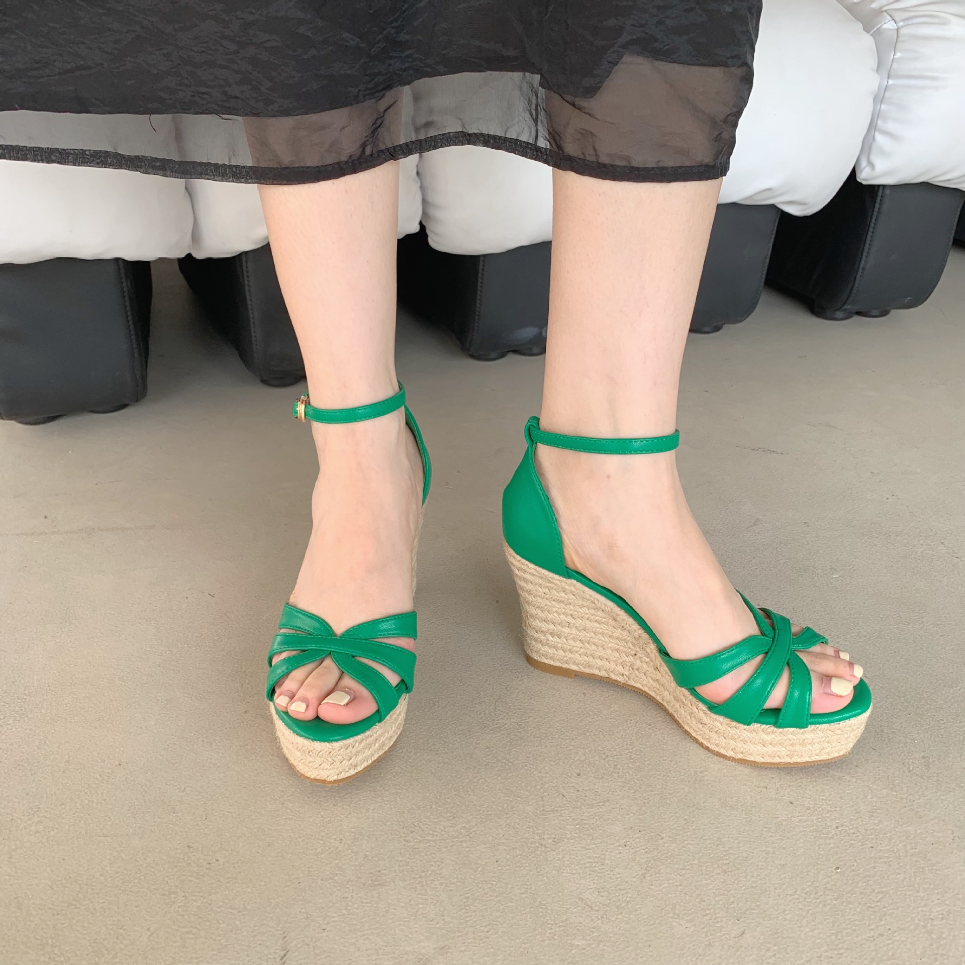 Women's Summer New Rope Bottom Peep Toe Wedge Sandals 9cm