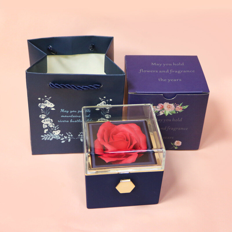 1pc Eternal Marriage Proposal Valentine's Day Preserved Flower Creative Design Rose Jewelry Box Rotating