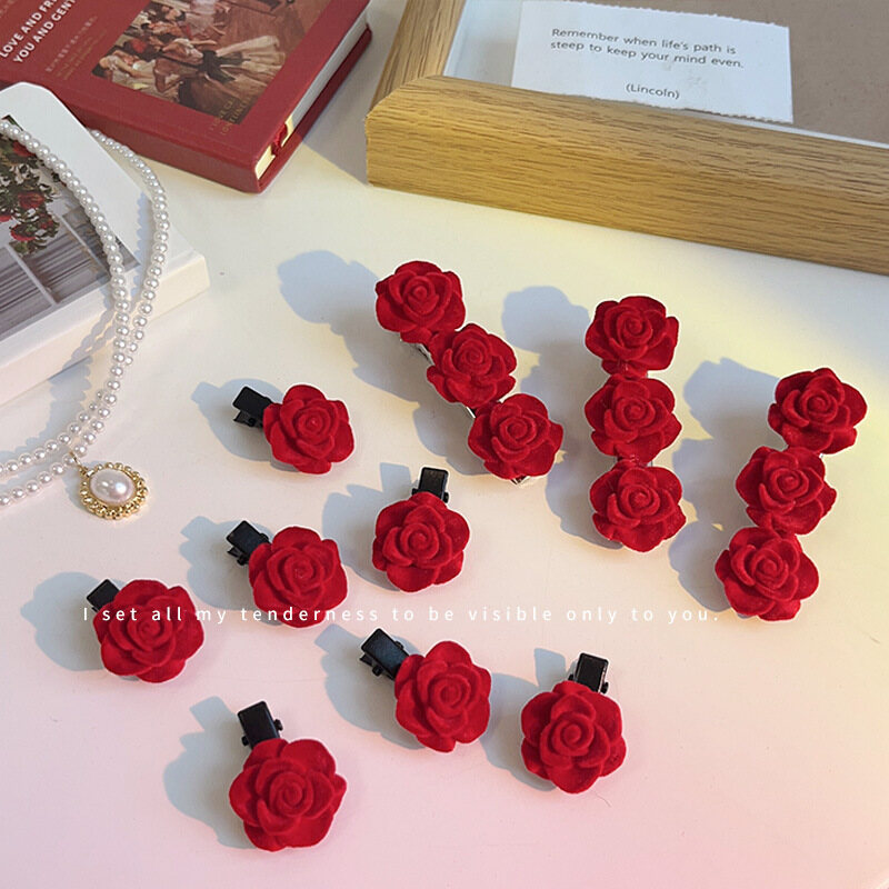 Flocked red rose hairpins