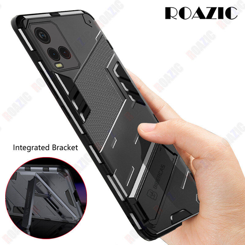 ROAZIC For VIVO Y21 Y21s Y33s Phone Case Hard PC Armor Shockproof Cover Rugged Bracket Soft Silicone Frame Stand Protector Back Casing