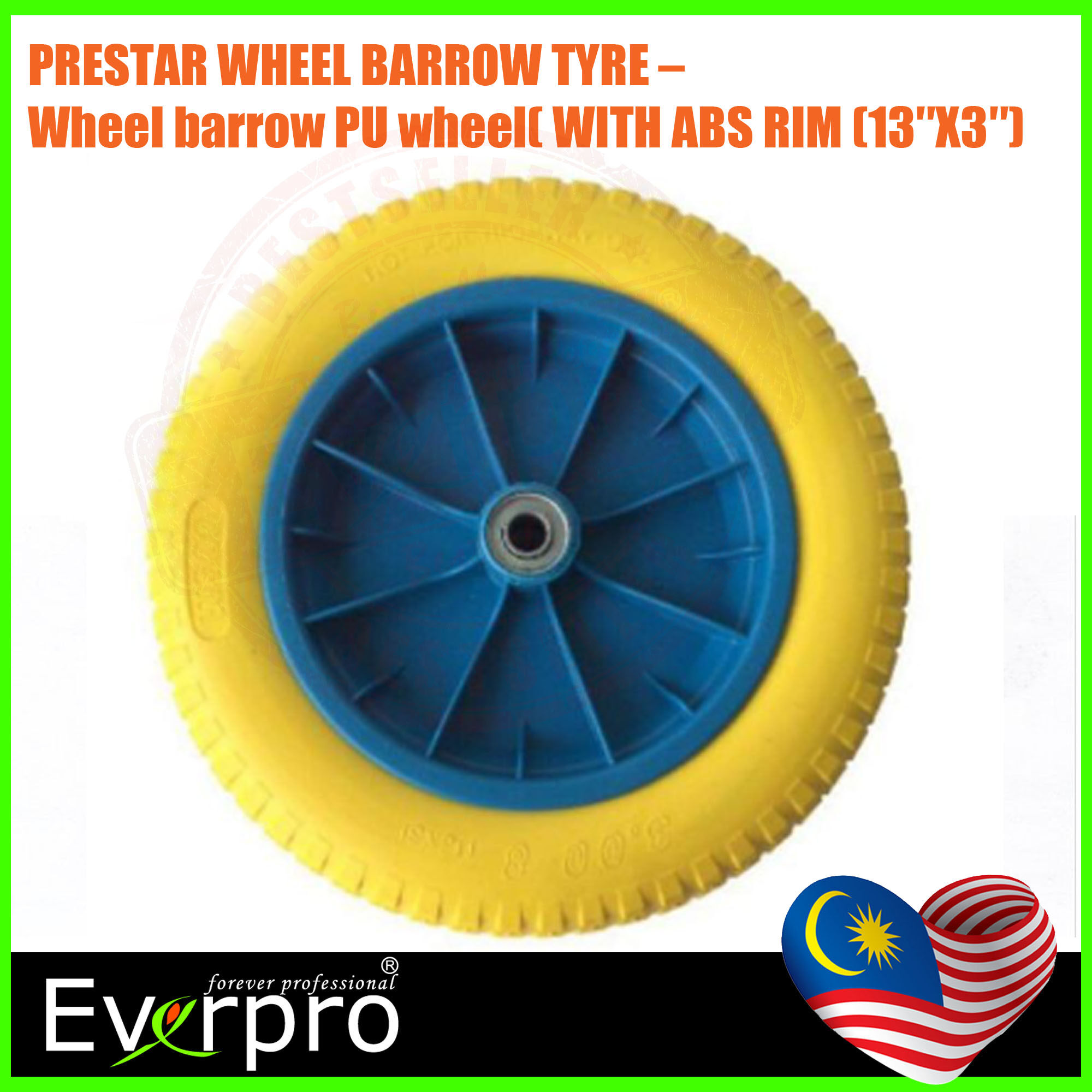 PRESTAR 13" Heavy Duty Wheel Barrow Tyre Nylon PU Rim ABS RIM