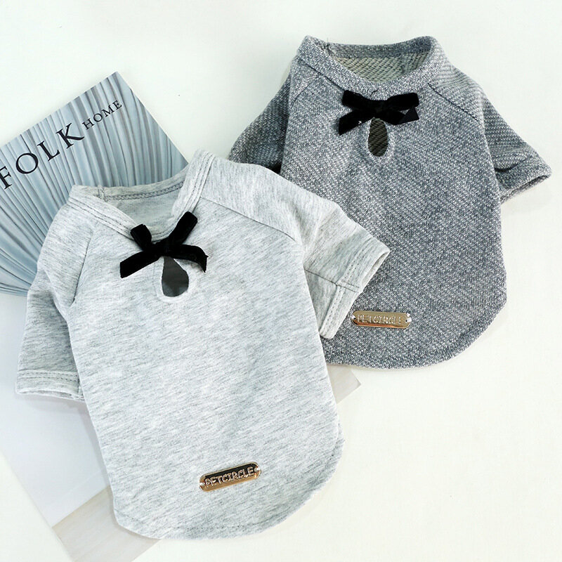 DY Loving Pet Clothes Korean Dog Shirt with Classic Black Silky Bow-knot Pure Cotton Grey Warm Costume for Shihtzu Pomeranian Teddy Chihuahua