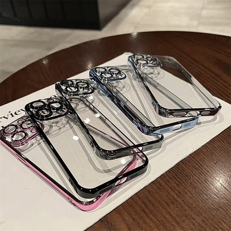 Ốp cho iPhone 15 14 13 12 11 Pro Max x XS 7 8 Plus Vỏ điện thoại dễ thương sang trọng Trong Suốt Mềm điện thoại trong suốt Ốp khung viền mạ điện thời trang vỏ lưng chống sốc