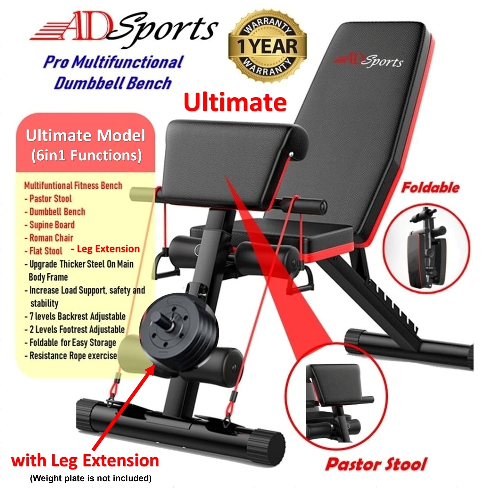 ADSports AD600 Multi-Purpose Adjustable Gym Chair Bench Foldable