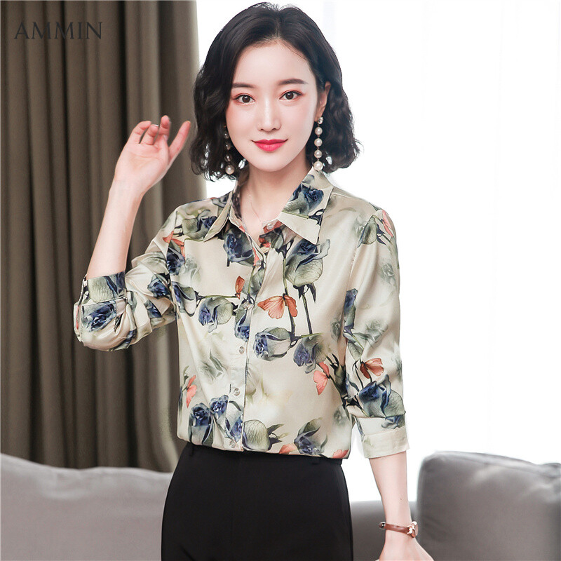 AMMIN fashion printed satin silk shirt women's long-sleeved loose large size mulberry silk top casual floral blouse