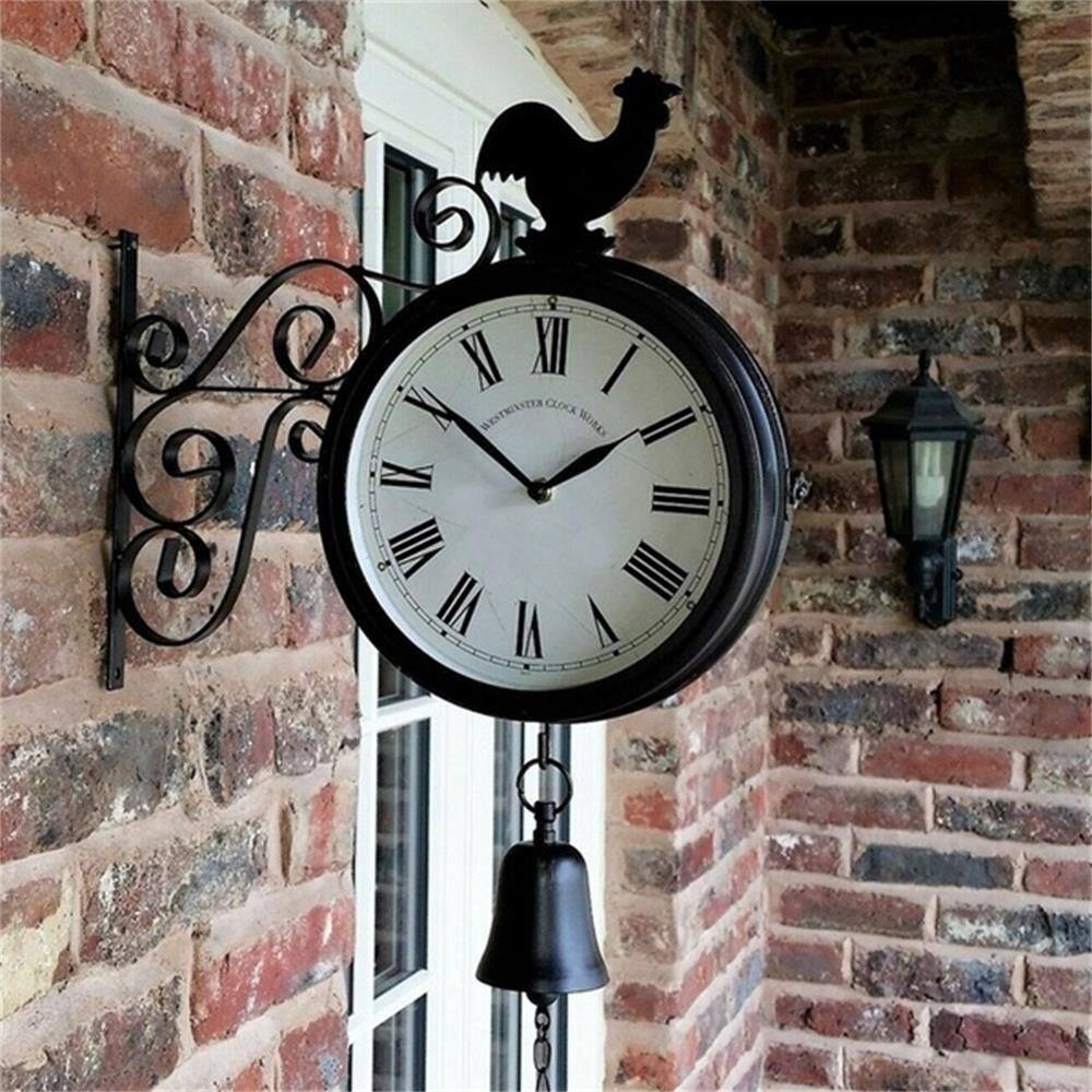 VHGG Garden Home Decor Cockerel Pattern Rust Copper Effect Vintage Wall Station Clock Double sided Bracket Double Sided Wall Clock Metal Clock
