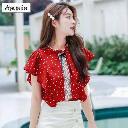 AMMIN summer new fashion bow lace chiffon shirt female lotus leaf wave point stand collar short sleeve fashion casual top