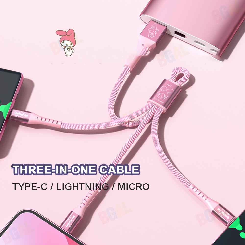 (25cm)100% Authentic Sanrio Hello Kitty Cable 3 in 1 Charging Cable Fast Charging Kuromi USB Cable Type C Lightning Cable Micro USB Cable for iOS,Android Smartphone,Wireless Earbuds Birthday Gift Cinnamoroll AQ8