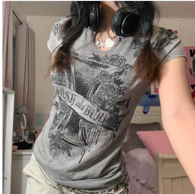 Y2K Aesthetic Vintage Top Diamonds Graphic Print Gray T-shirt Harajuku Fairy Grunge Short Sleeve Pulovers Tees Women Streetwear