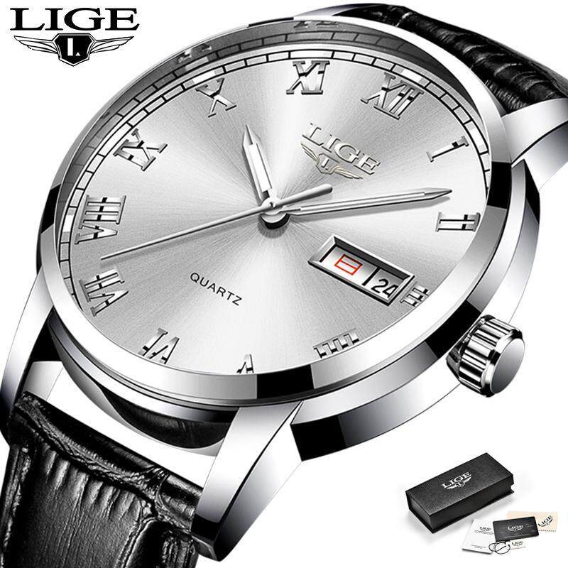 LIGE Men Watches Top Brand Fashion Casual Waterproof Auto Calendar Analog Quartz Leather Jam Tangan Lelaki Malaysia