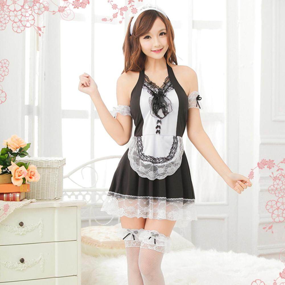 [CHUANGYOU]Women's Backless French Maid Costume Satin Halloween Fancy Halter Dress