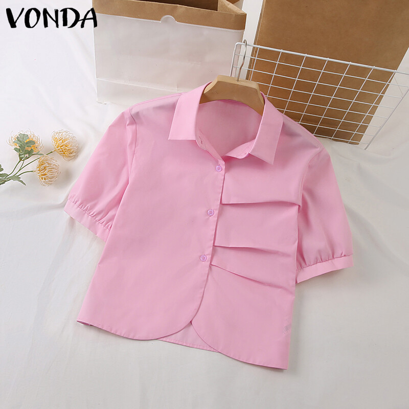 VONDA Women Casual Lapel Short Sleeves Blouse Pleated H Shape Solid Color Shirt #2