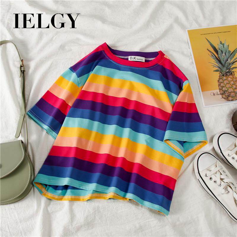 IELGY Ins rainbow striped short-sleeved T-shirt female
