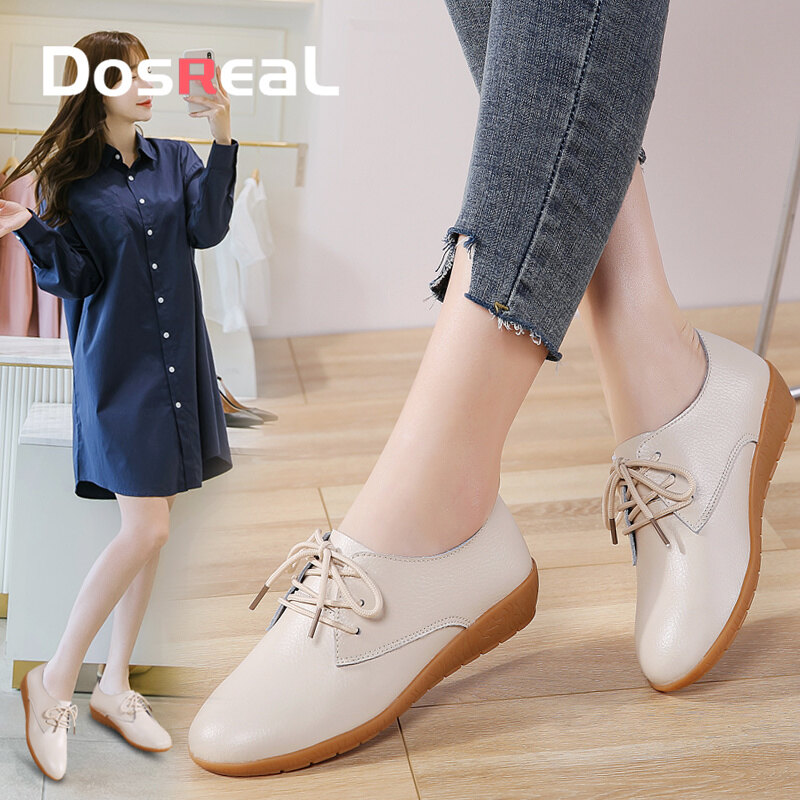 DOSREAL White Shoes for Women On Sale High Quality Leather Lace Up Flat Shoes for Ladies Korean Soft Rubber Nurse Shoes Big Size 41