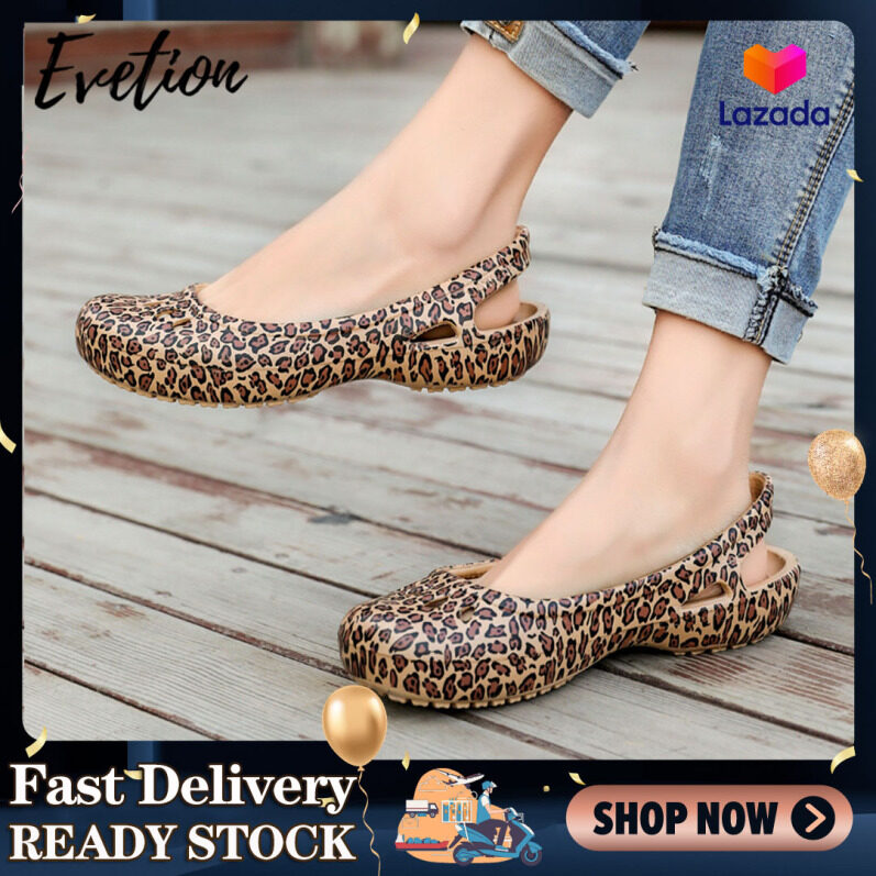 Evetion New Pattern màu Ladies giày phẳng Dép lỗ Giày Leopard Print Ladies Sandals Casual dép cho phụ nữ giá rẻ