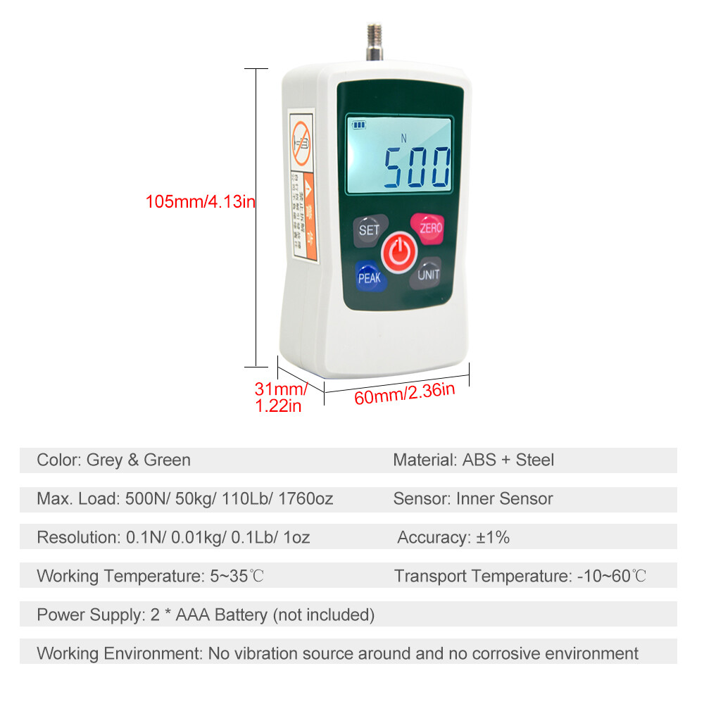 Smart Sensor Digital Force Gauge 500N/ 50kg/ 110Lb/ 1760oz Portable Push Pull Force Meter Unit Switchable Backlit Mini Dynamometer with 6 Fixture Heads, Storage Case, Auto Power off