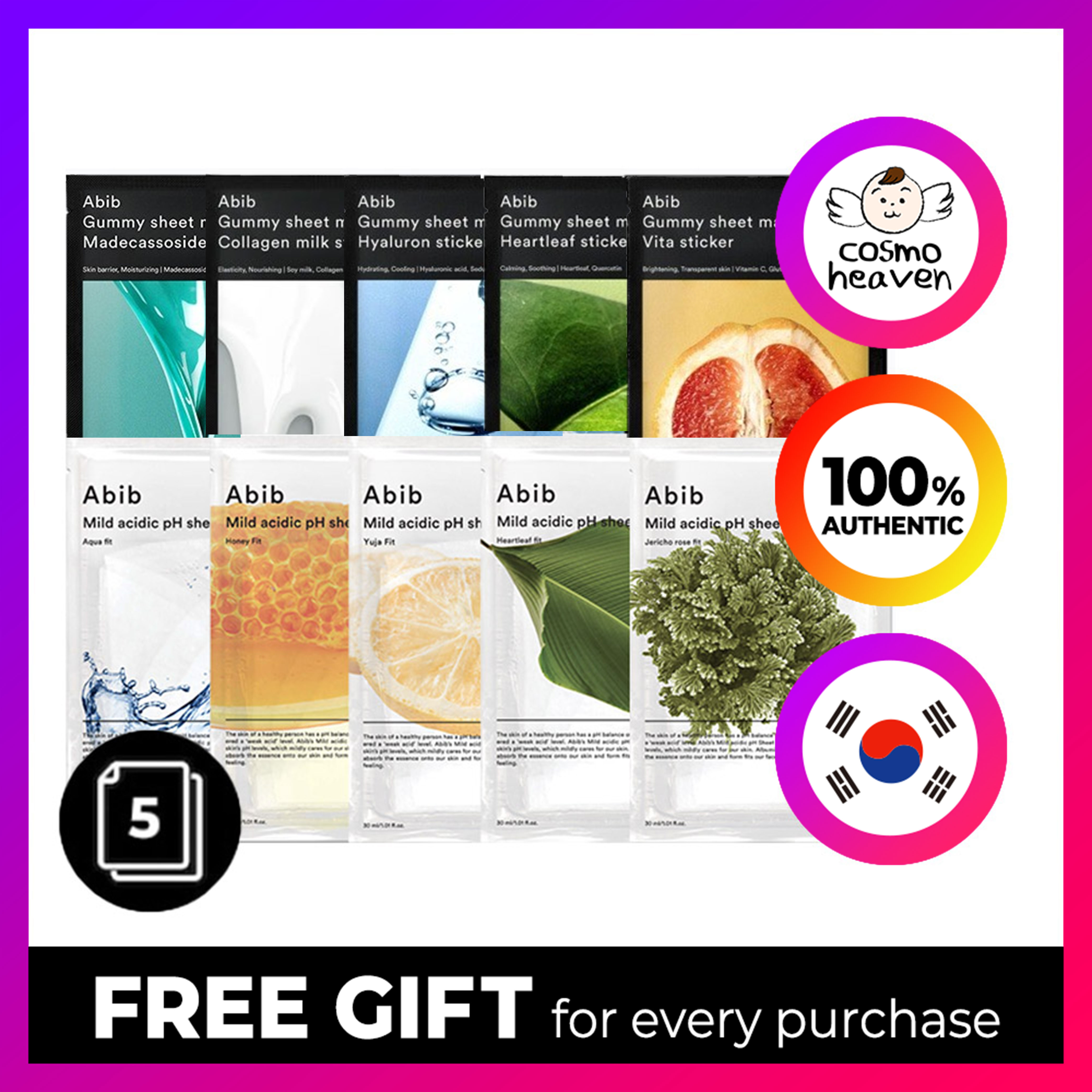 Abib Gummy sheetmask/abib nhẹ có tính axit PH sheetmask 5ea