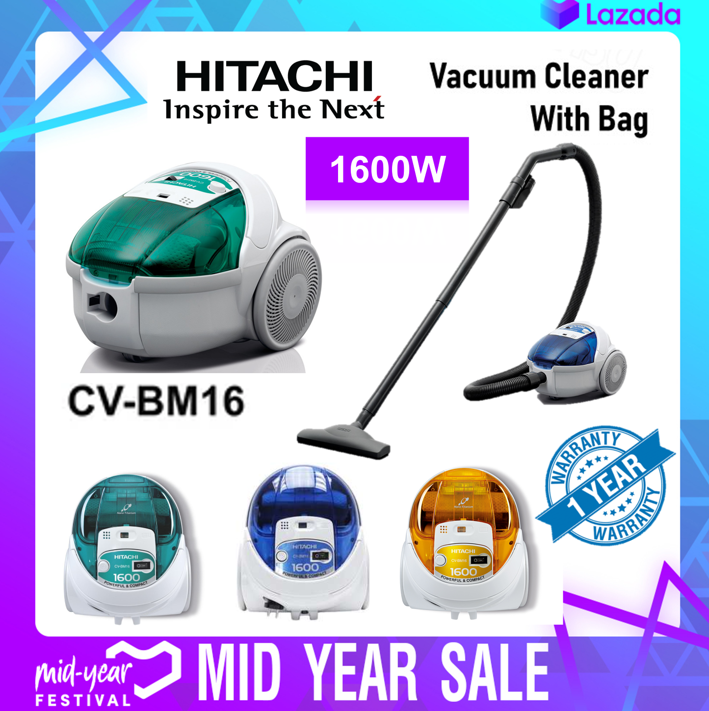 HITACHI CV-BM16 1600W BAGGED VACUUM 