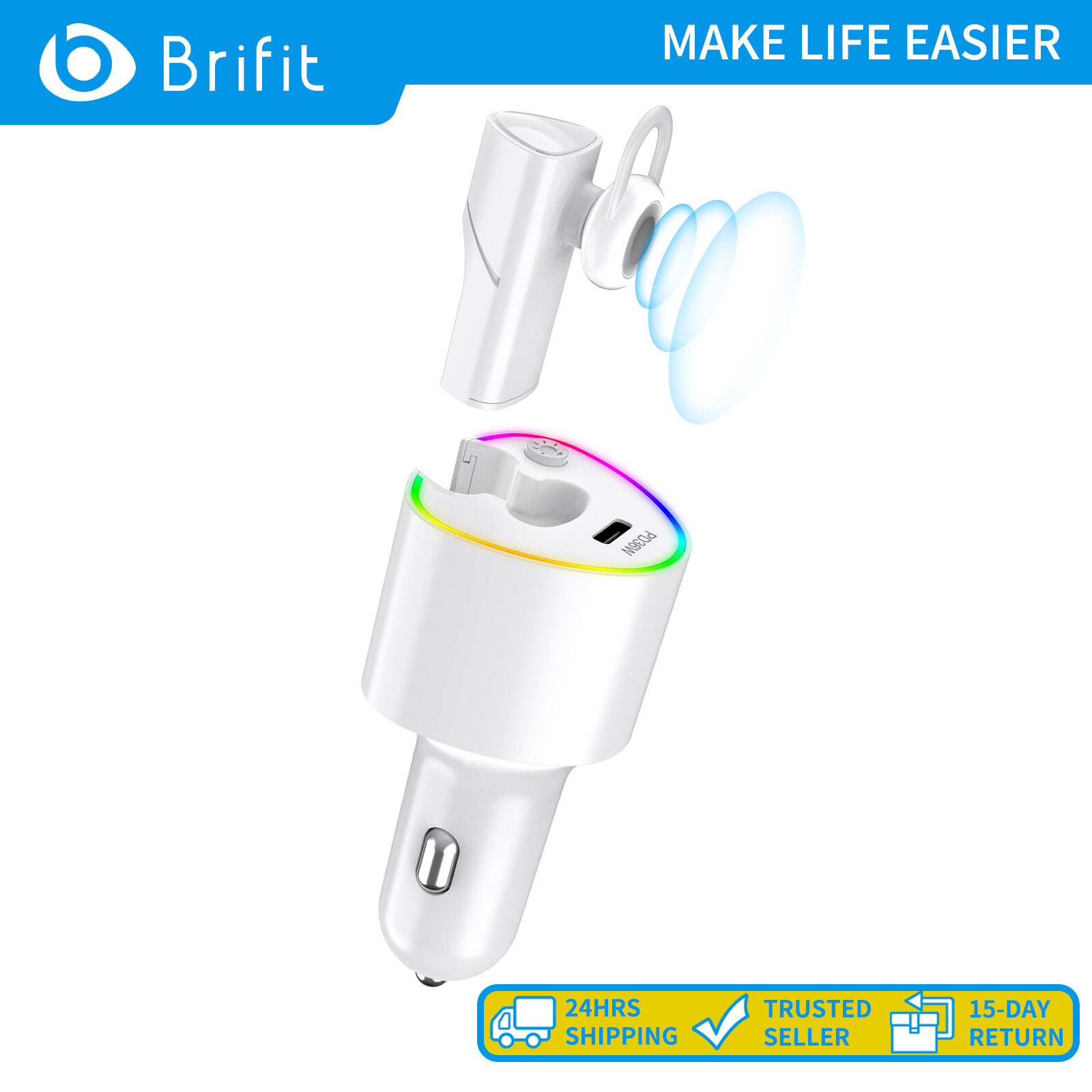 Brifit Máy nghe nhạc MP3 trên xe hơi Bluetooth, Bộ sạc ô tô máy phát FM Bluetooth 5.0 có tai nghe không dây gọi miễn phí QC3.0 pd36w trợ lý thoại cuộc gọi sạc nhanh, thích hợp cho xe tải xe hơi 12-24V