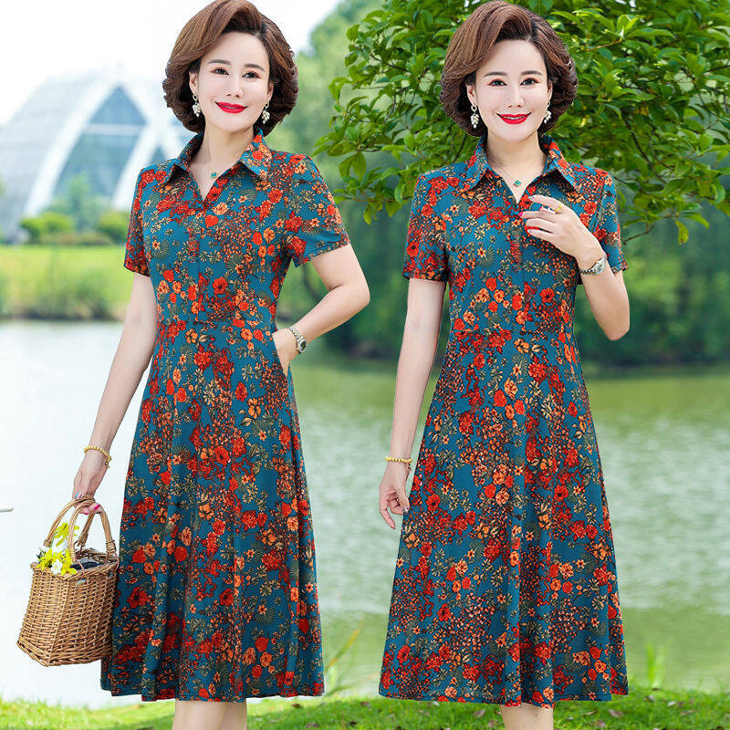 Mom's summer dress 2022 new middle-aged and elderly women's short sleeved mid length knee length floral skirt