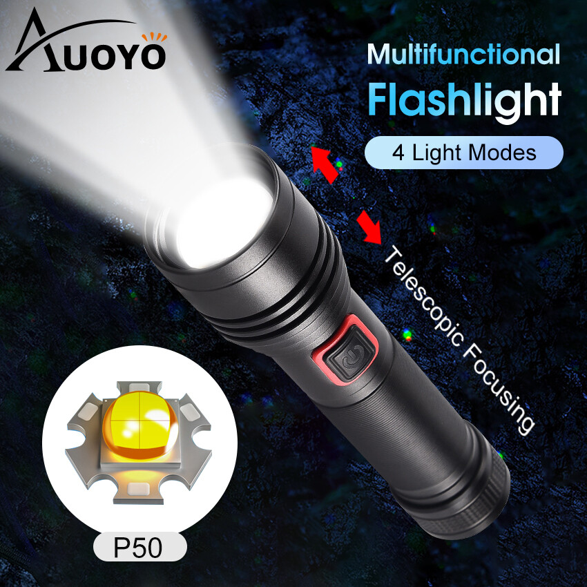 Auoyo Flashlight Multifunctional P50 Mini Torch Light White Laser Flashlight Super Bright Flashlight Waterproof Outdoor Torchlight Zoomable LED Flashlight Penlight