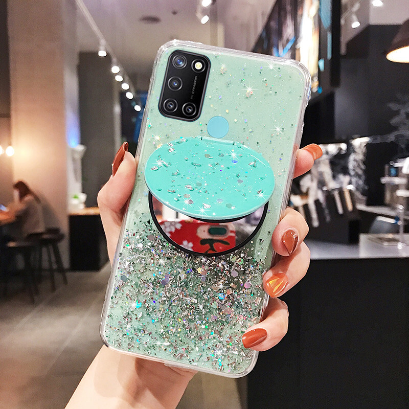 For Realme 7i 7 7 Pro 8 8 Pro 6 6 Pro 5 5i 5s 6i Realme C17 C21 C20 C15 C12 C11 C3 C2 C1 Luxury Ins Glitter Star Space Soft Phone Case Luxury Glitter Star Space Soft Phone Case With Makeup Mirror Stand Holder Transparent Casing Cove