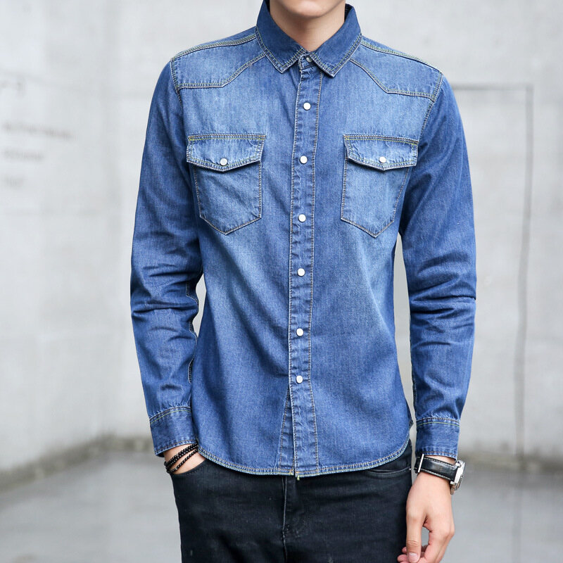 Áo sơ mi denim nam mùa xuân thu áo sơ mi dài tay mỏng thời trang phong cách hàn quốc cho nam bán buôn denim cotton kiểu mới