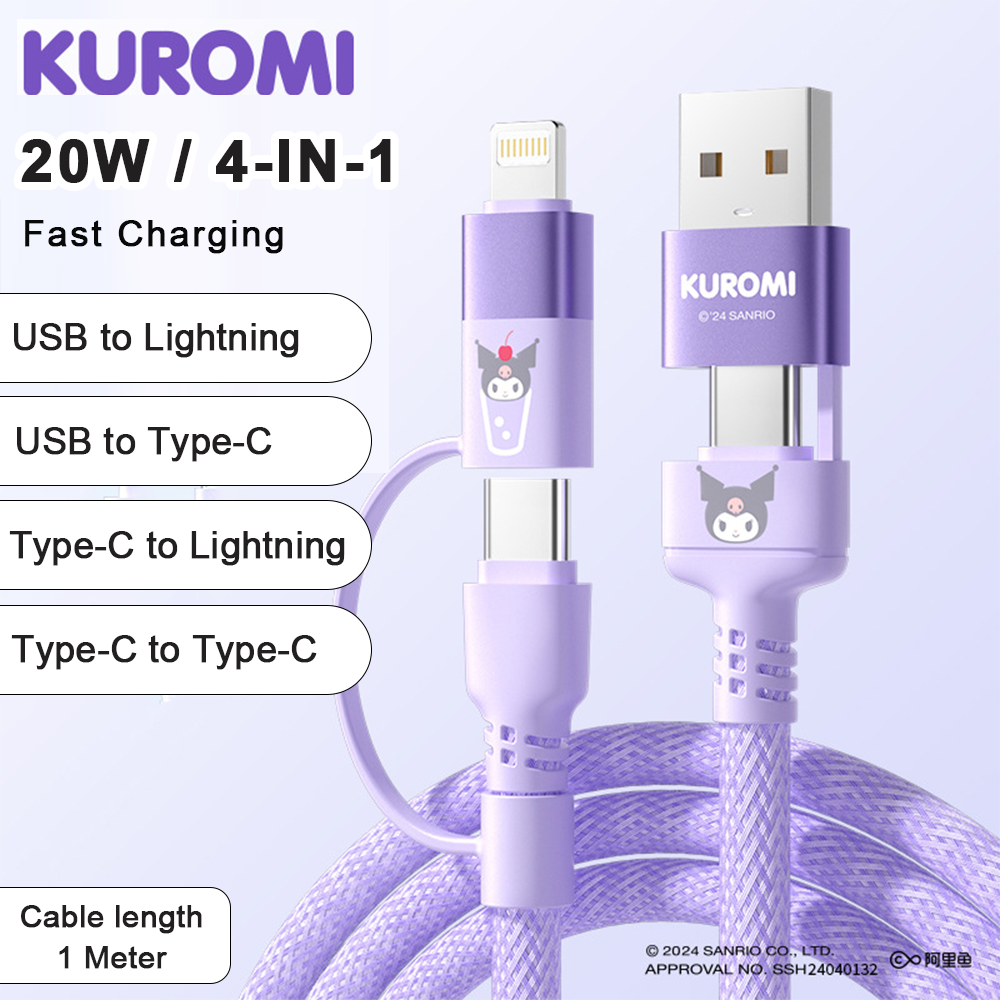 (20W/4-IN-1)100% Authentic Sanrio Hello Kitty Cable Fast Charging USB Cable Type C Lightning Cables Cinnamoroll for iPhone15 16 iOS and Android Smartphone Kuromi Pochacco SS-592