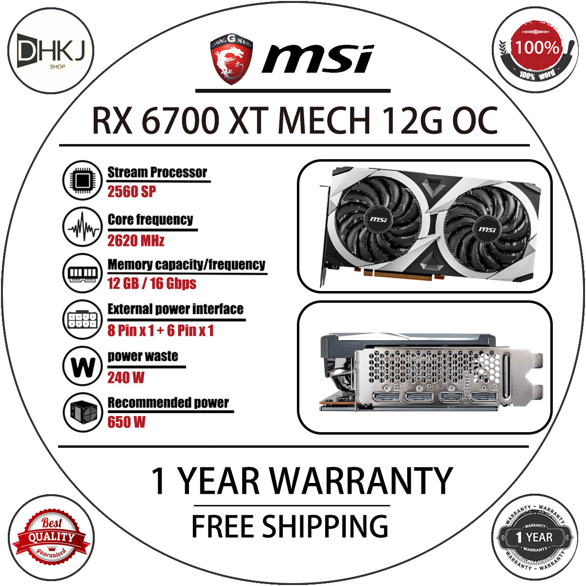 USED MSI RX 6700 XT MECH 2X 12G OC Graphics Card Gaming Performance