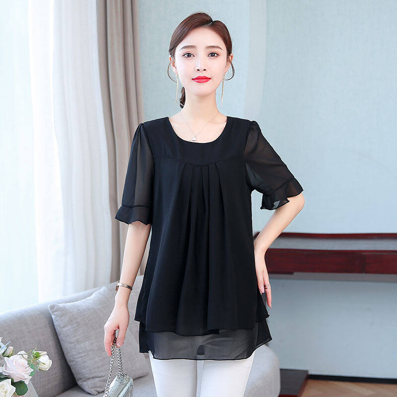 Chiffon Shirt Short-sleeved Women's Belly-covering Large Size Blouse New Middle-aged Loose Summer Dress Mid-length Small Shirt