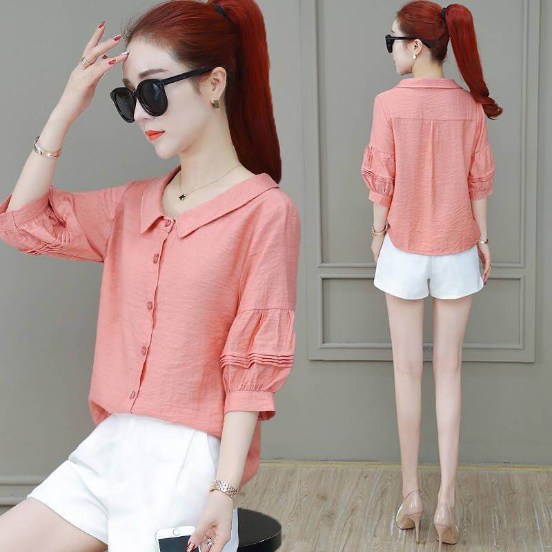 V-neck shirt female summer Korean version of the wild loose shirt summer solid color shirt