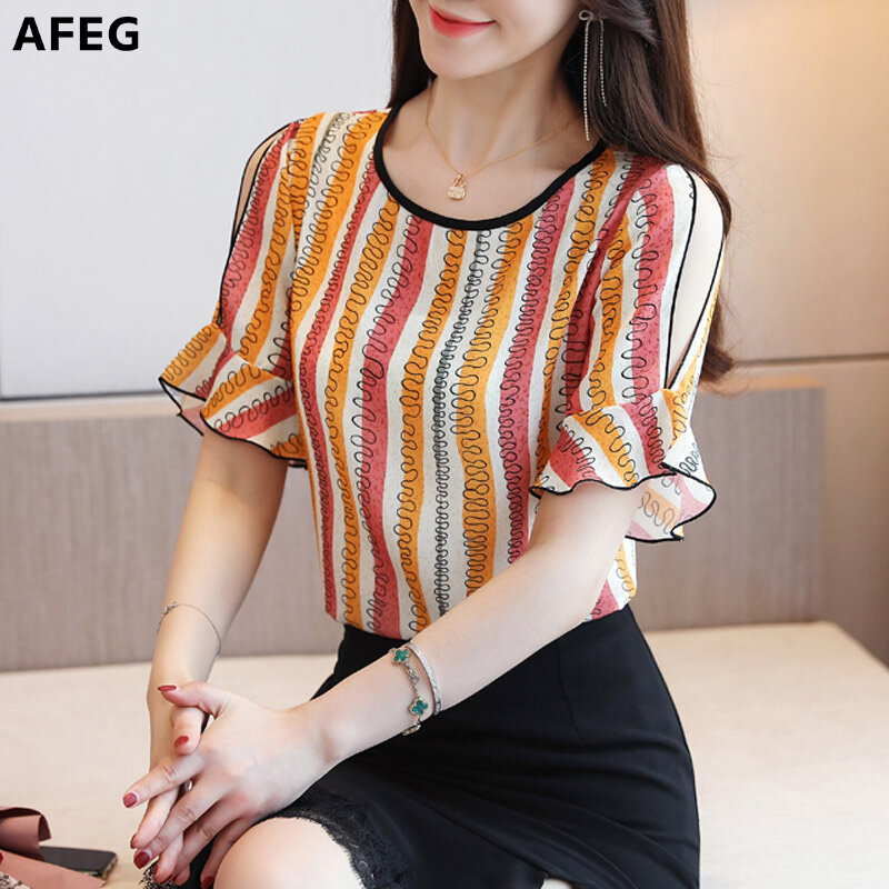 AFEG new Korean women's short-sleeved printed chiffon horn sleeve casual fashion wild temperament elegant blouse