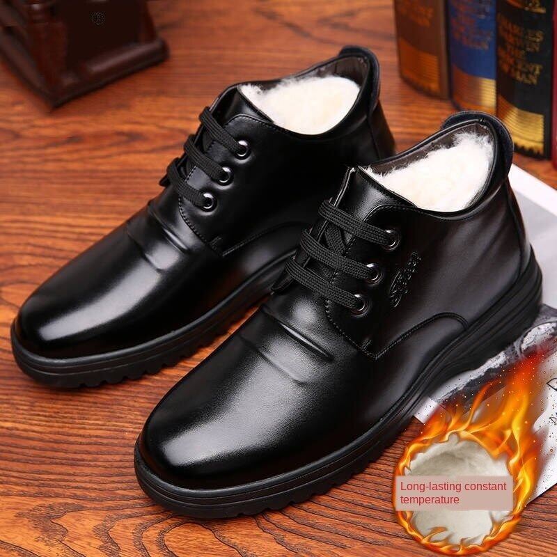 Genuine autumn and winter new leather shoes men's winter plus velvet thick high-top cotton shoes new warm men's shoes thick-soled father shoes