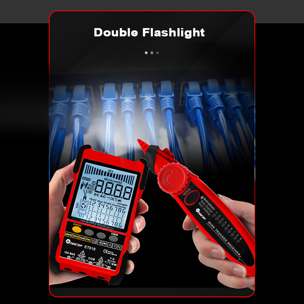 Fansline- TOOLTOP ET616 Handheld Portable Cable Tester with LCD Display Analogs Digital Search POE Test Cable Pairing Sensitivity Adjustable Network Cable Length Short Open Circuit Measure Trackers Multifunctional Cable Tester