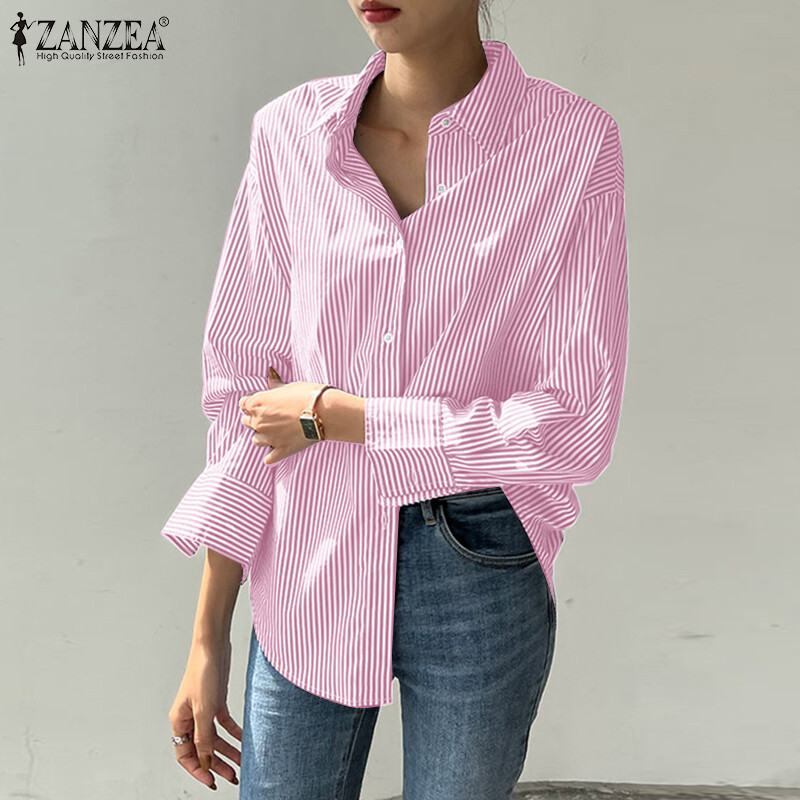 Momonaco zanzea korean style women workwear striped blouse long sleeve buttons up down collar tops shirt tee #10