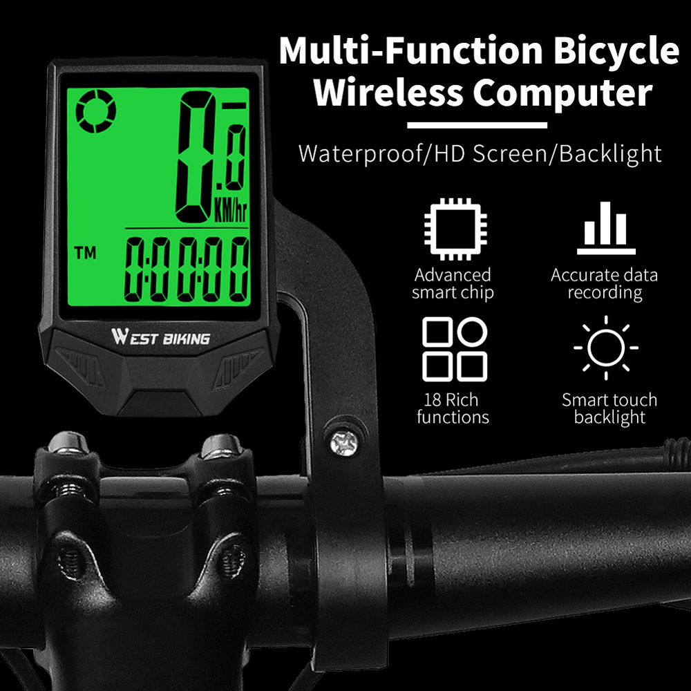 WEST BIKING Bike Computer Wire less Speedometer Odometer Waterproof LCD Backlight Cycling MTB Bicycle Computer Stopwatch Night Light Anti-interference