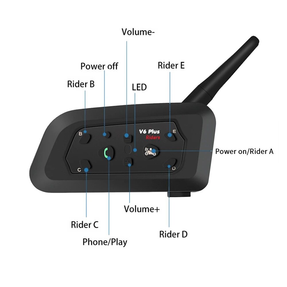 V6 Plus Bluetooth Motorcycle Helmet Intercom 1200M Headset for 6 Riders Waterproof BT Interphone Communicator