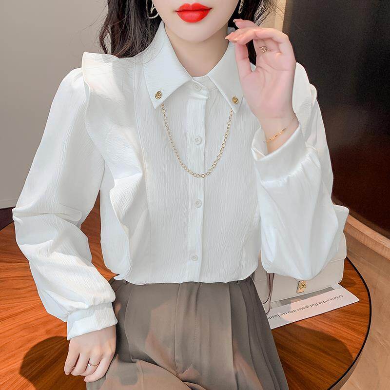 2022 spring new retro Hong Kong style ruffled stitching shirt women's design sense niche loose chic top trendy